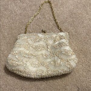 Ivory Sequin Beaded Evening Clutch with Gold Chain